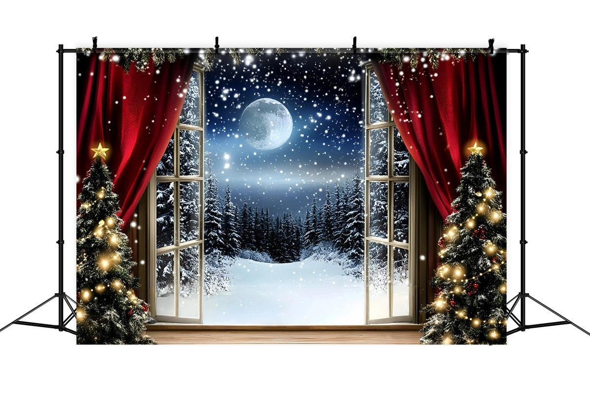 Night Sky Backdrop Red Curtain Snowfall Night Christmas Backdrop Ideas GQ58-41