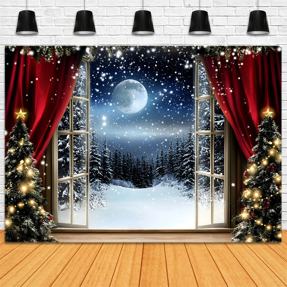 Night Sky Backdrop Red Curtain Snowfall Night Christmas Backdrop Ideas GQ58-41
