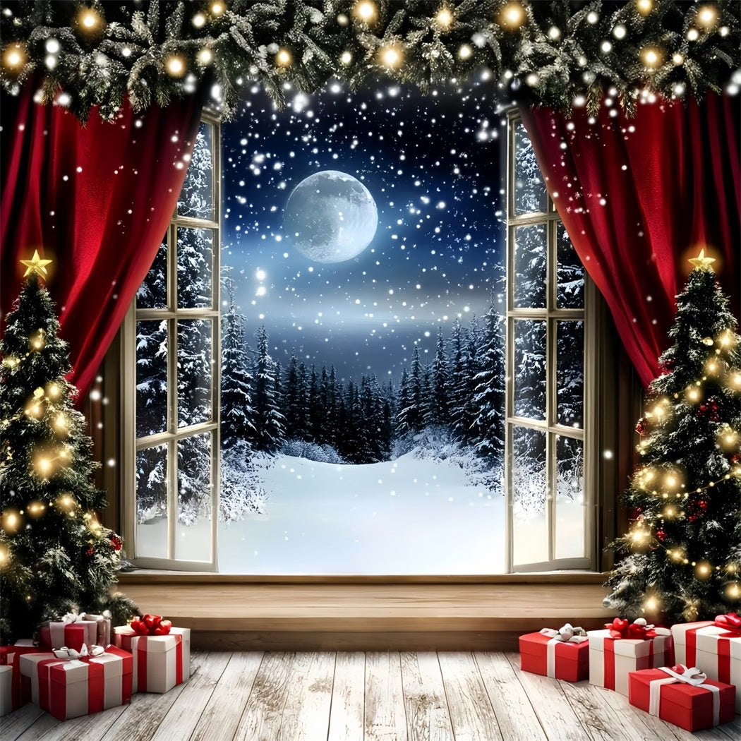 Night Sky Backdrop Red Curtain Snowfall Night Christmas Backdrop Ideas GQ58-41
