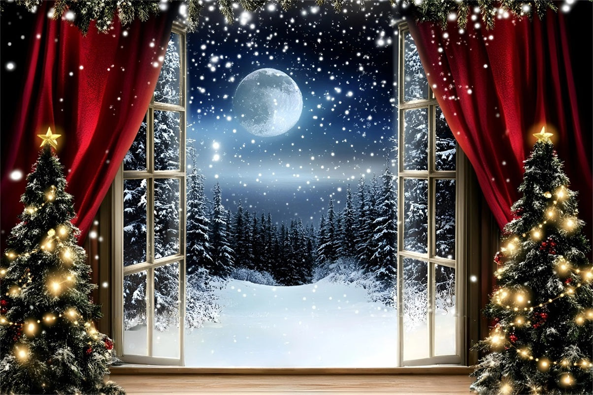 Night Sky Backdrop Red Curtain Snowfall Night Christmas Backdrop Ideas GQ58-41