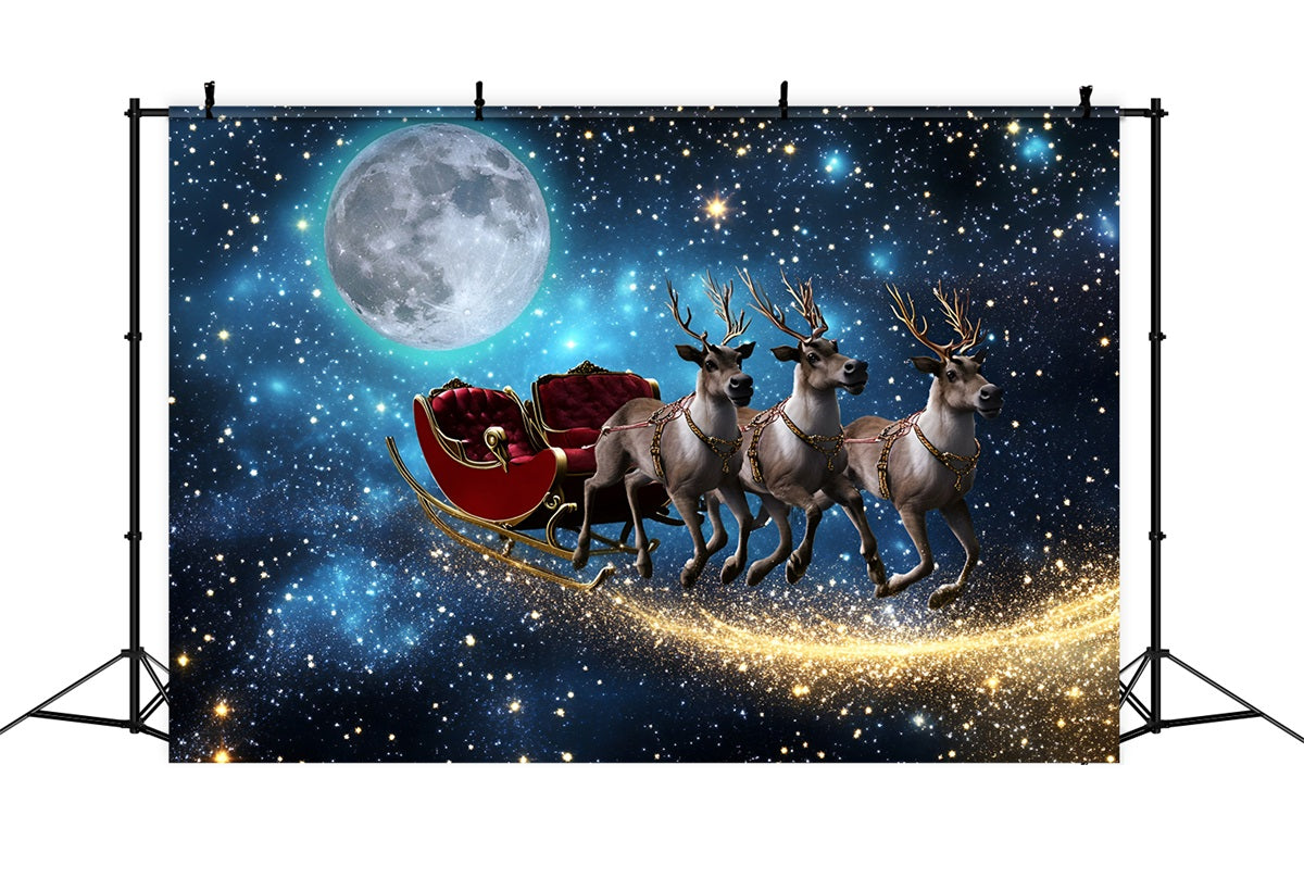 Night Sky Backdrop Flying Reindeer Sleigh Under Moonlight Christmas Backdrops For Photos GQ58-44