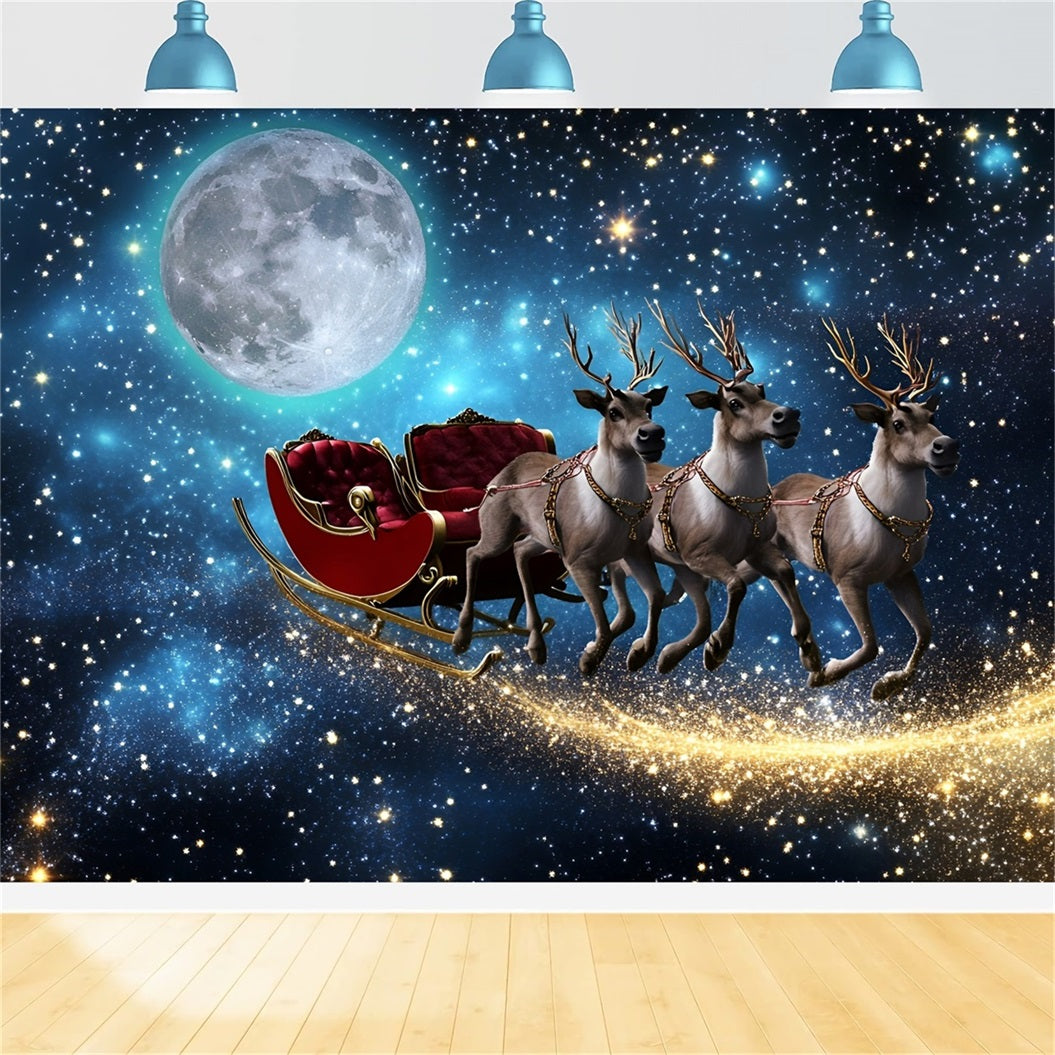 Night Sky Backdrop Flying Reindeer Sleigh Under Moonlight Christmas Backdrops For Photos GQ58-44