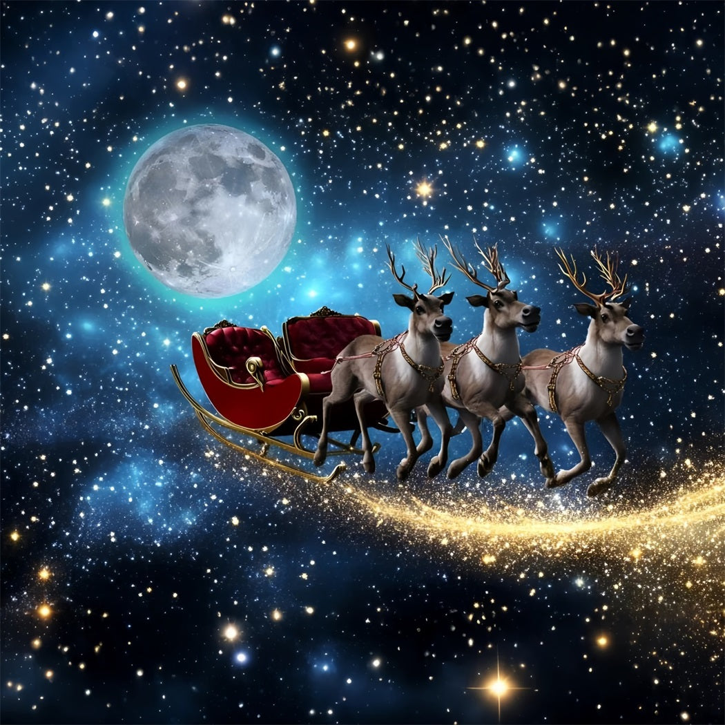 Night Sky Backdrop Flying Reindeer Sleigh Under Moonlight Christmas Backdrops For Photos GQ58-44