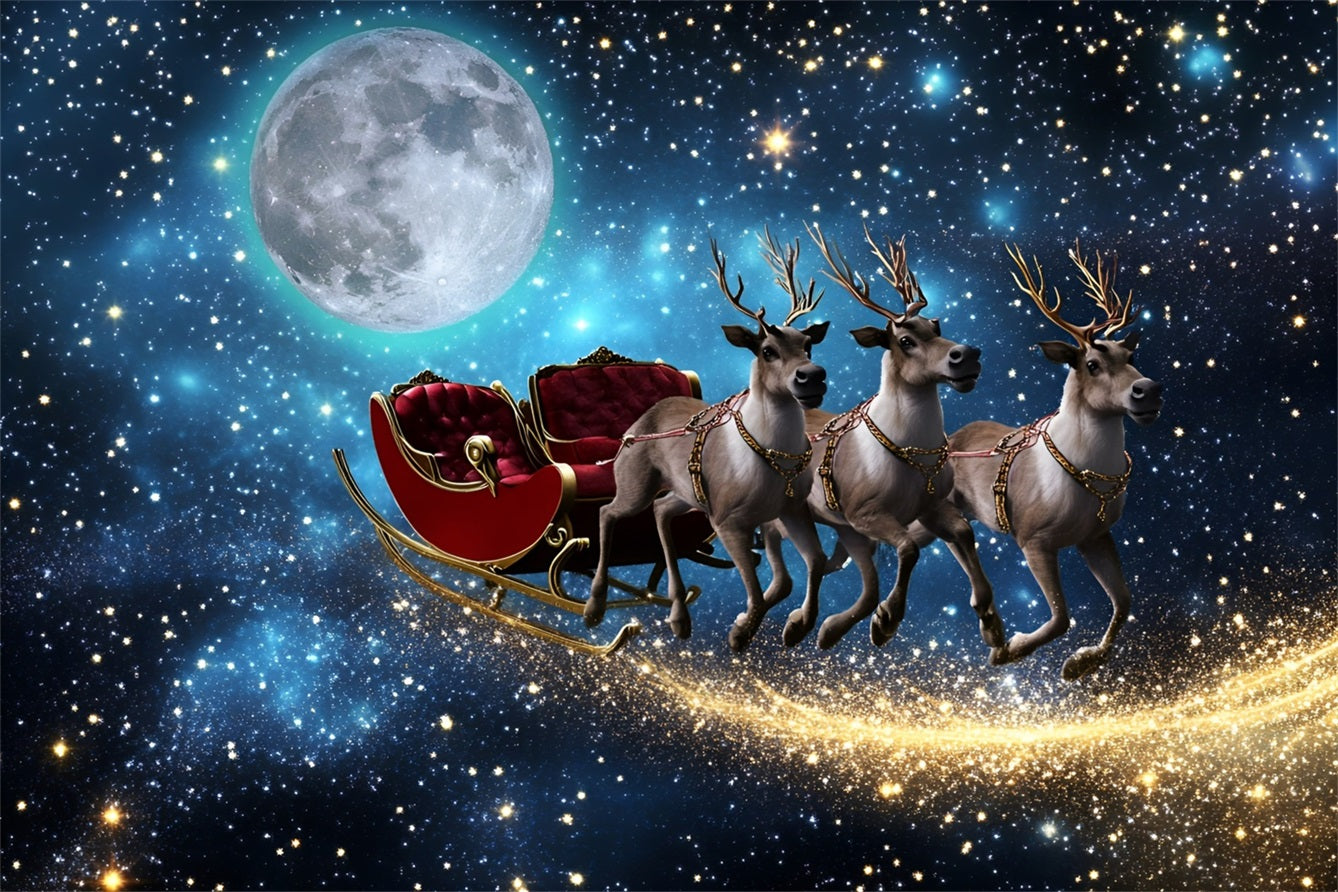 Night Sky Backdrop Flying Reindeer Sleigh Under Moonlight Christmas Backdrops For Photos GQ58-44