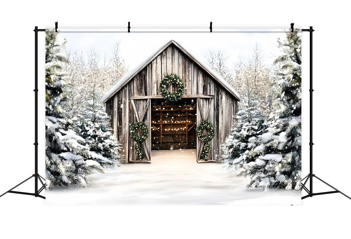 Christmas Tree Farm Backdrop Rustic Wooden Barn Holiday Wreaths Christmas Village Backdrop GQ58-46