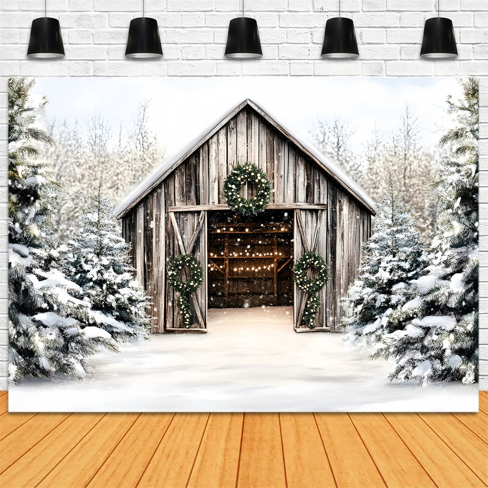 Christmas Tree Farm Backdrop Rustic Wooden Barn Holiday Wreaths Christmas Village Backdrop GQ58-46