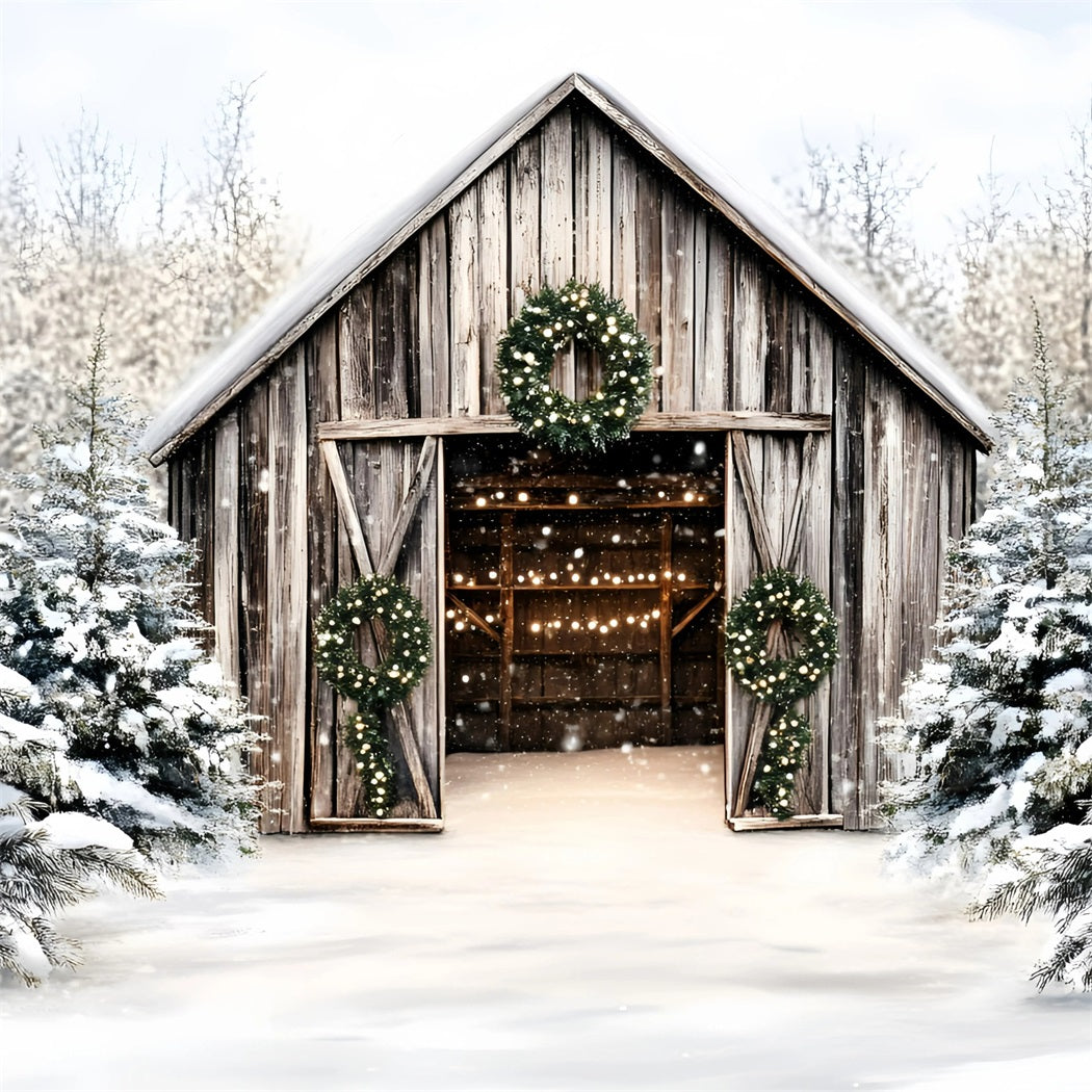 Christmas Tree Farm Backdrop Rustic Wooden Barn Holiday Wreaths Christmas Village Backdrop GQ58-46