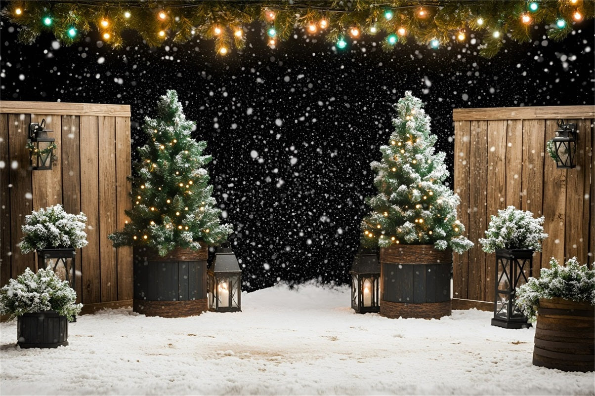 Christmas Tree Farm Backdrop Snowfall Lantern Garden with Fir Trees Christmas Backdrops For Photos GQ58-47