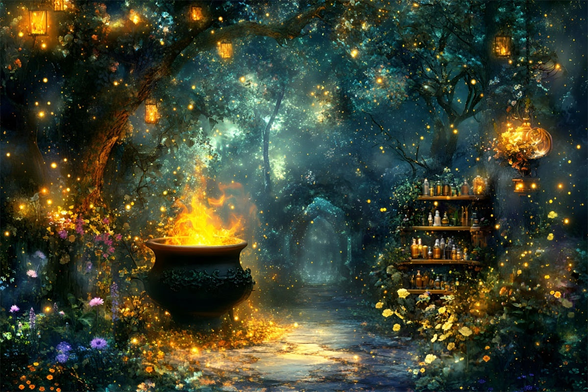 Forest Backdrops Glowing Cauldron Mystical Halloween Backdrops GQ6-192