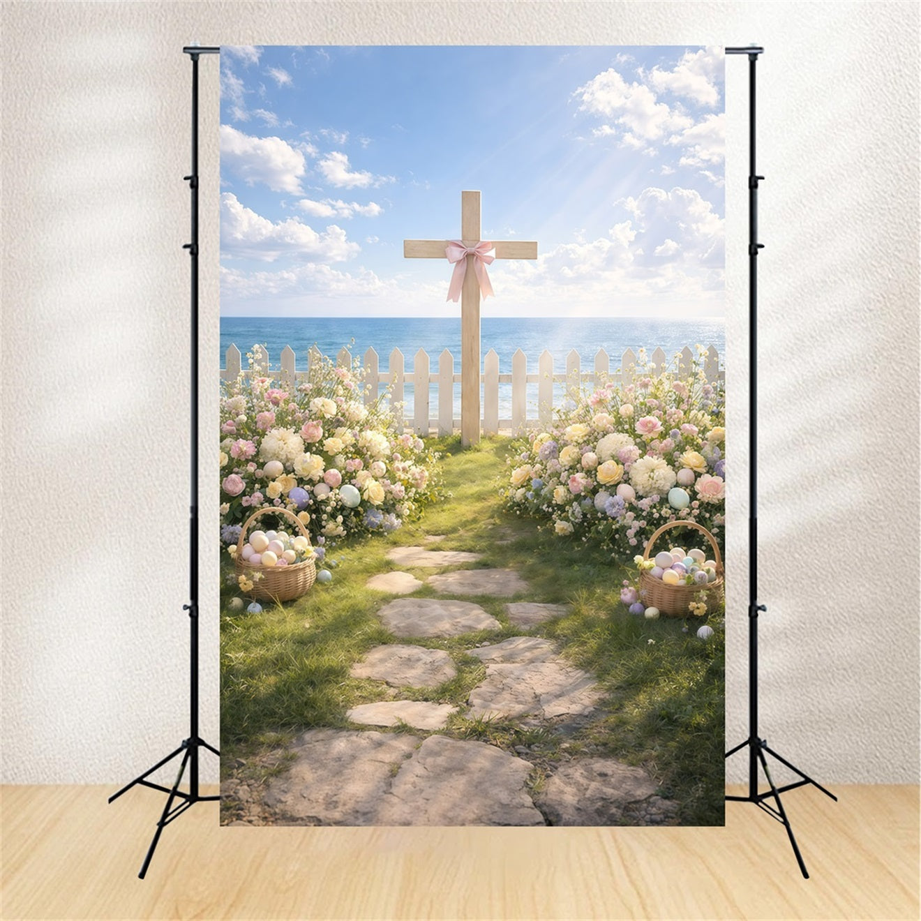 Easter Religious Backdrops Seaside Cross Garden Path Backdrop For Easter Pictures GQ61-11