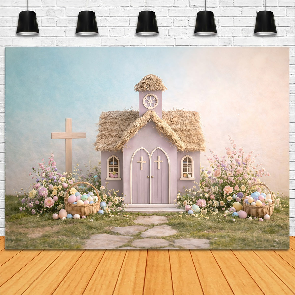 Church Photo Backdrop Easter Pastel Church Garden Cottage Photography Easter Backdrop GQ61-12