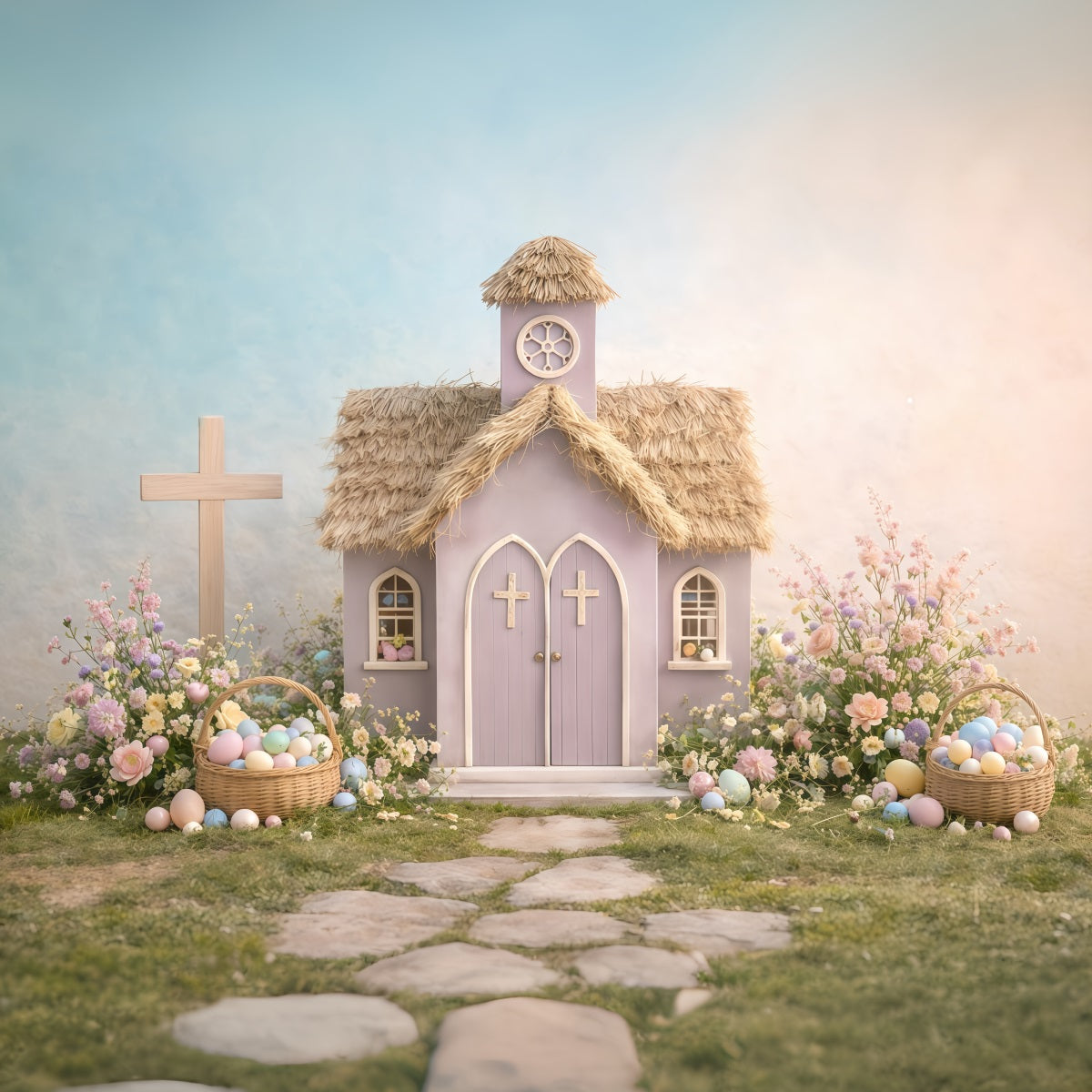Church Photo Backdrop Easter Pastel Church Garden Cottage Photography Easter Backdrop GQ61-12