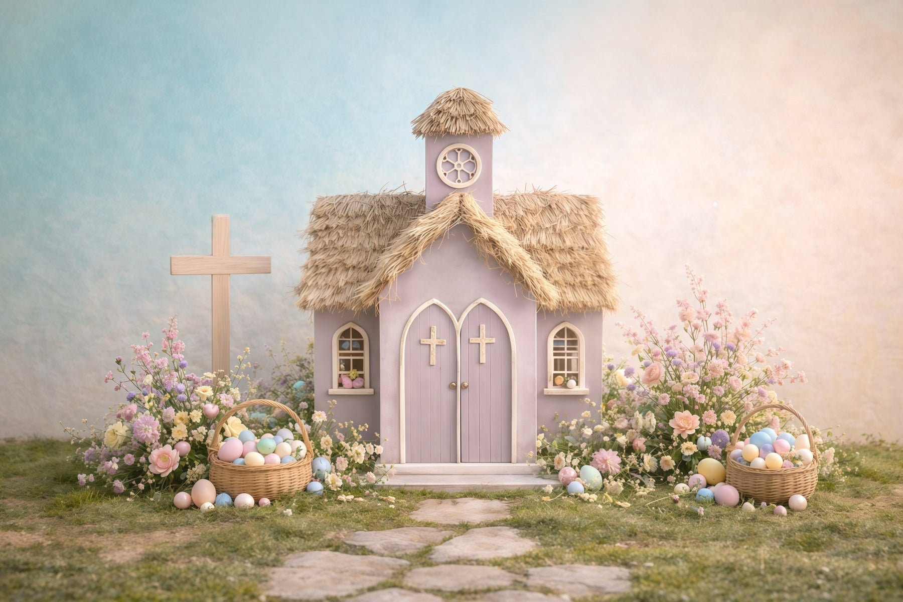 Church Photo Backdrop Easter Pastel Church Garden Cottage Photography Easter Backdrop GQ61-12