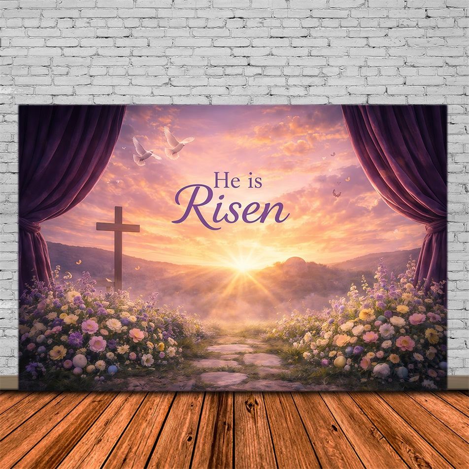 He Is Risen Backdrop Sunrise Valley Songbirds Flower Easter Backdrops For Photos GQ61-13