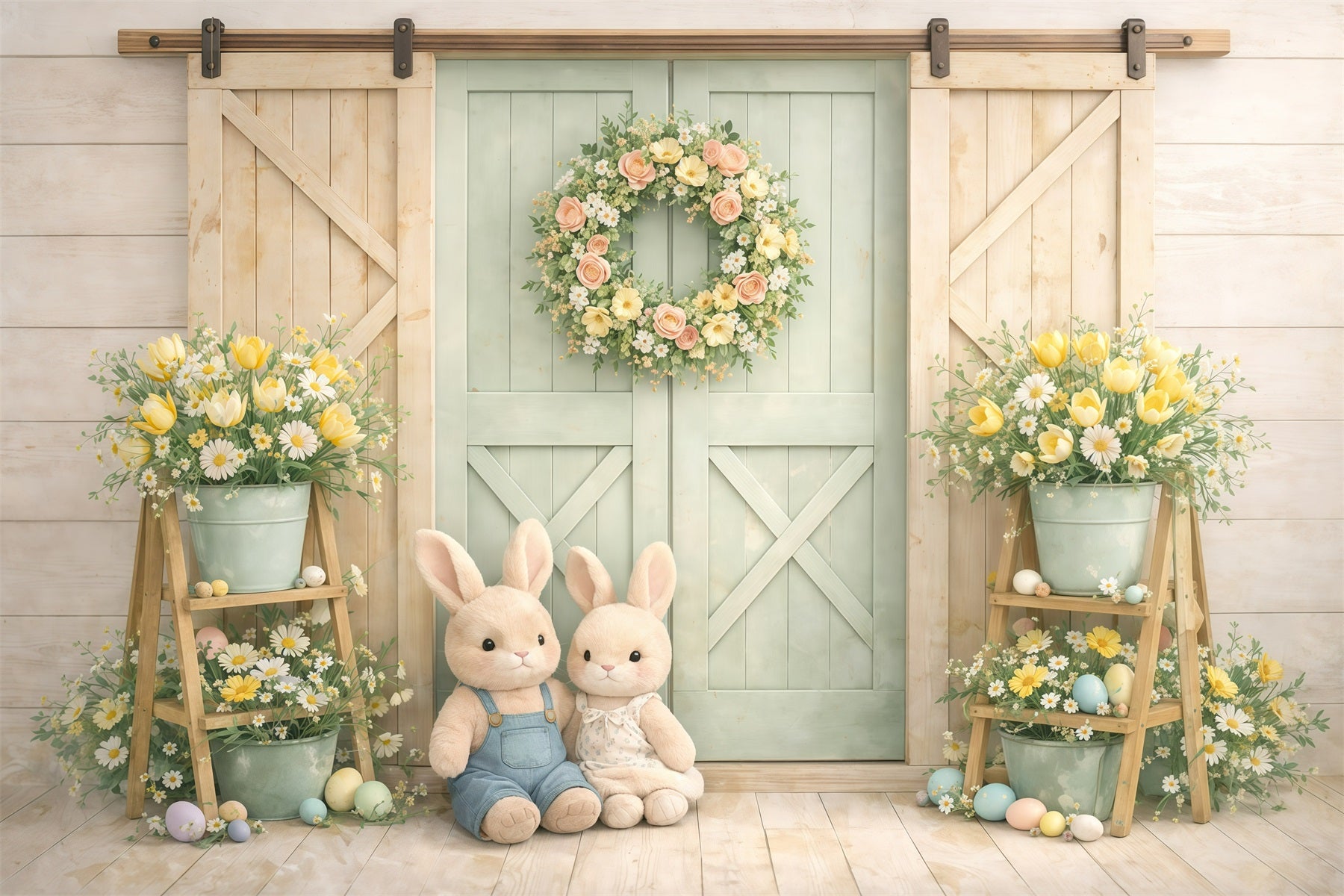 Peter Rabbit Photo Backdrop Pastel Bunny Barn Doors Easter Picture Backdrop Ideas GQ61-16