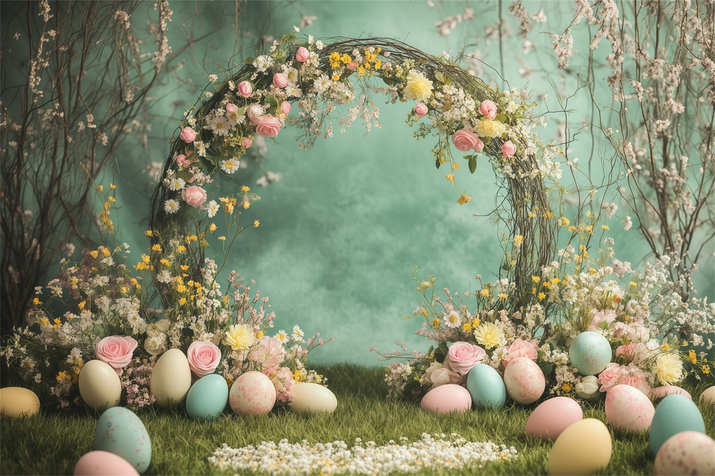 Spring Easter Backdrop Wildflower Bouquet Egg Arch Easter Backdrops For Photos GQ61-17