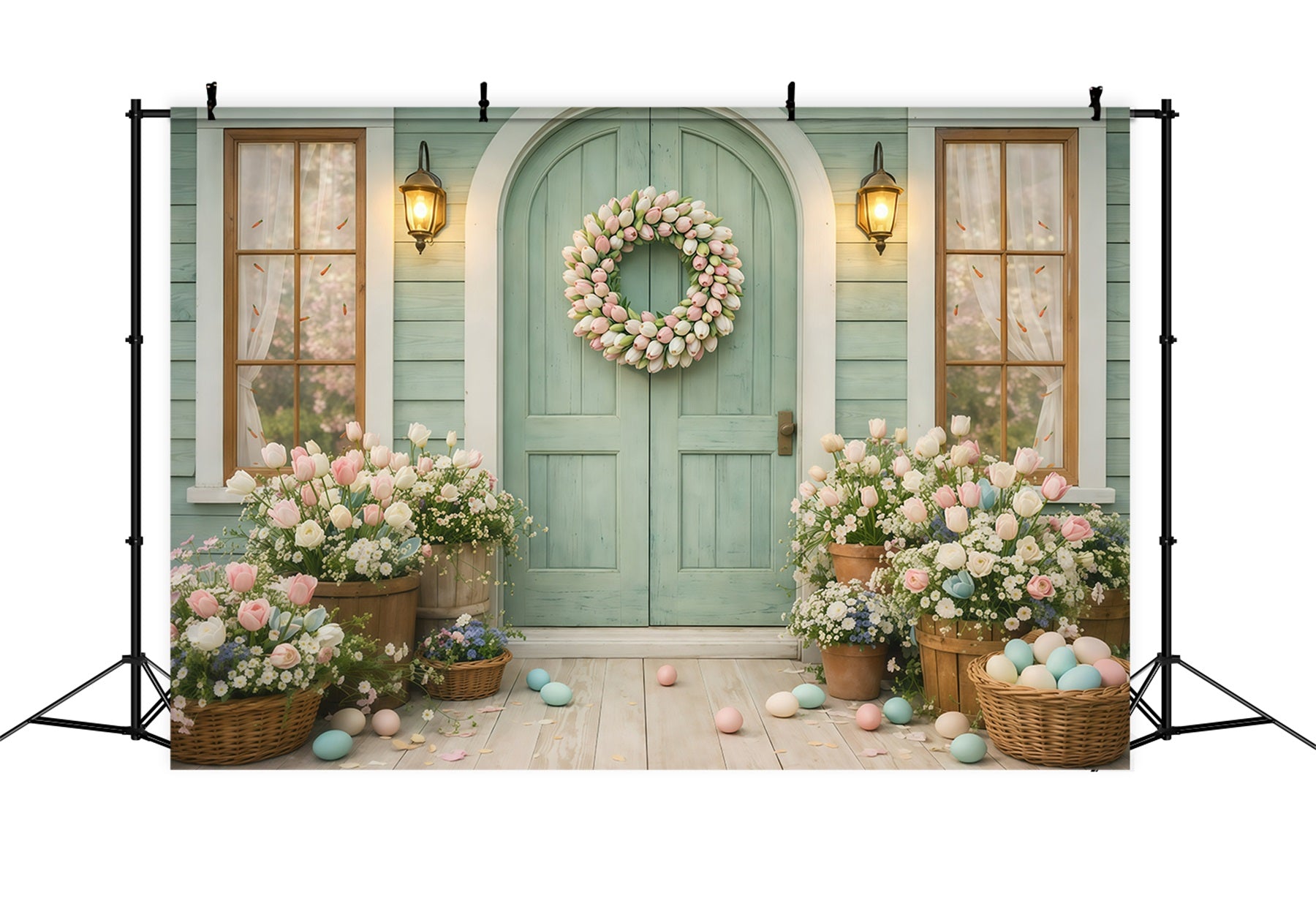 Tulip Backdrop Spring Flower Wreath Doorway Easter Photography Backdrops For Sale GQ61-21
