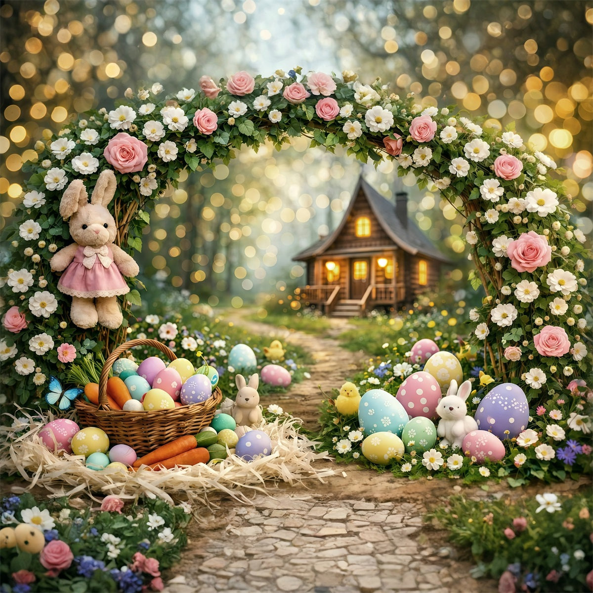 Easter Bokeh Backdrop Enchanted Forest Bunny Cottage Easter Backdrops For Pictures GQ61-31