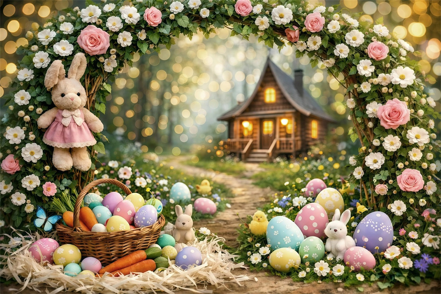 Easter Bokeh Backdrop Enchanted Forest Bunny Cottage Easter Backdrops For Pictures GQ61-31