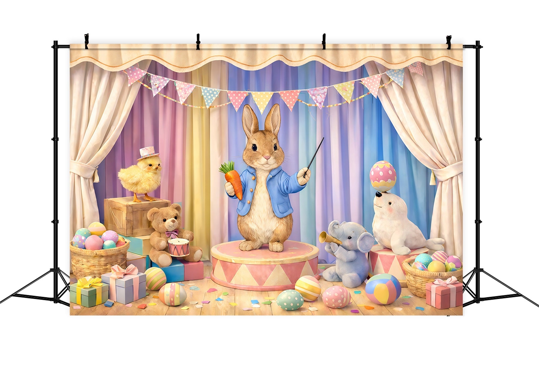 Pastel Easter Backdrop Cartoon Bunny Circus Stage Easter Picture Backdrop Ideas GQ61-42