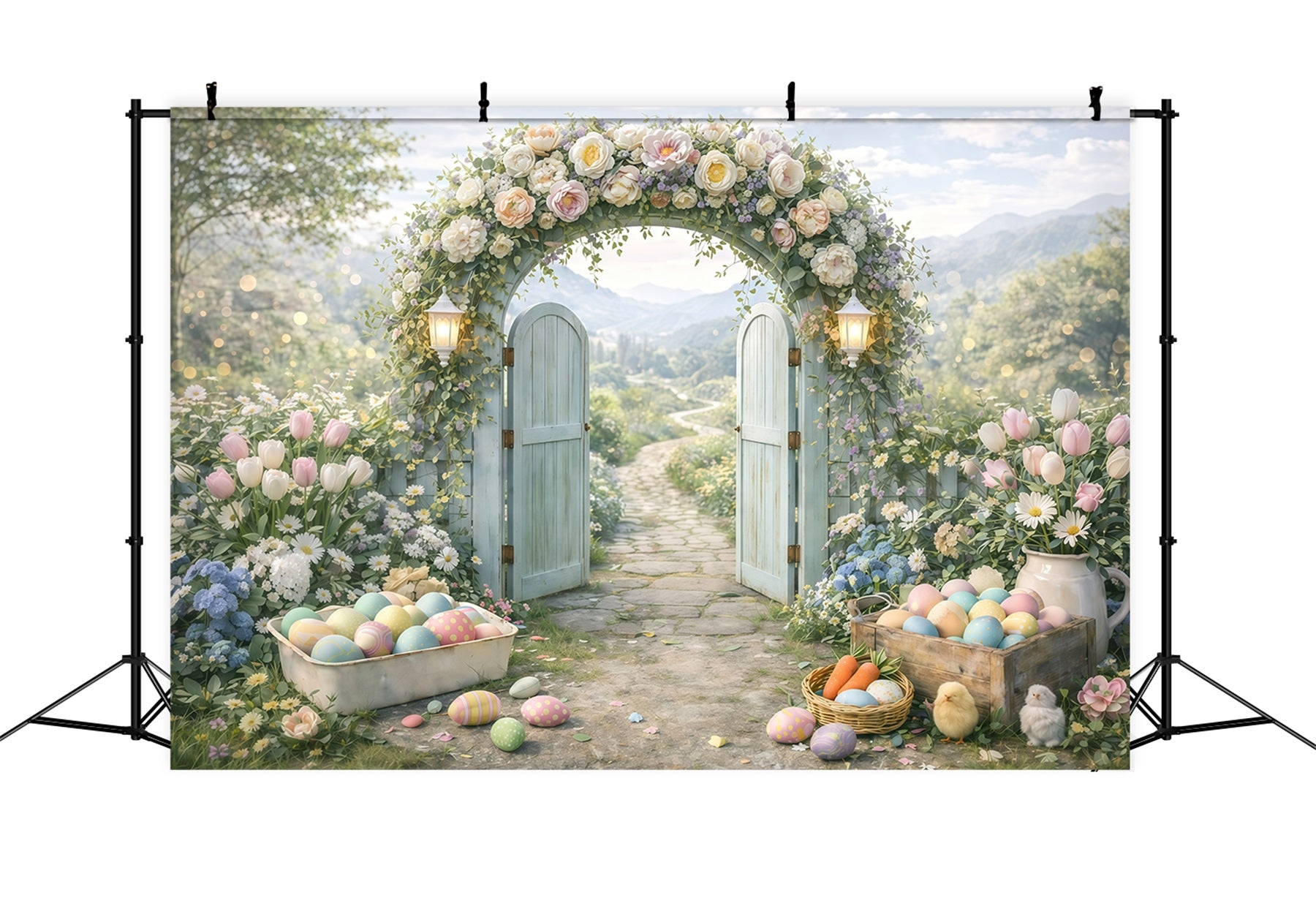 Easter Flower Backdrop Spring Garden Arch Entrance Egg Photo Backdrop Easter GQ61-44