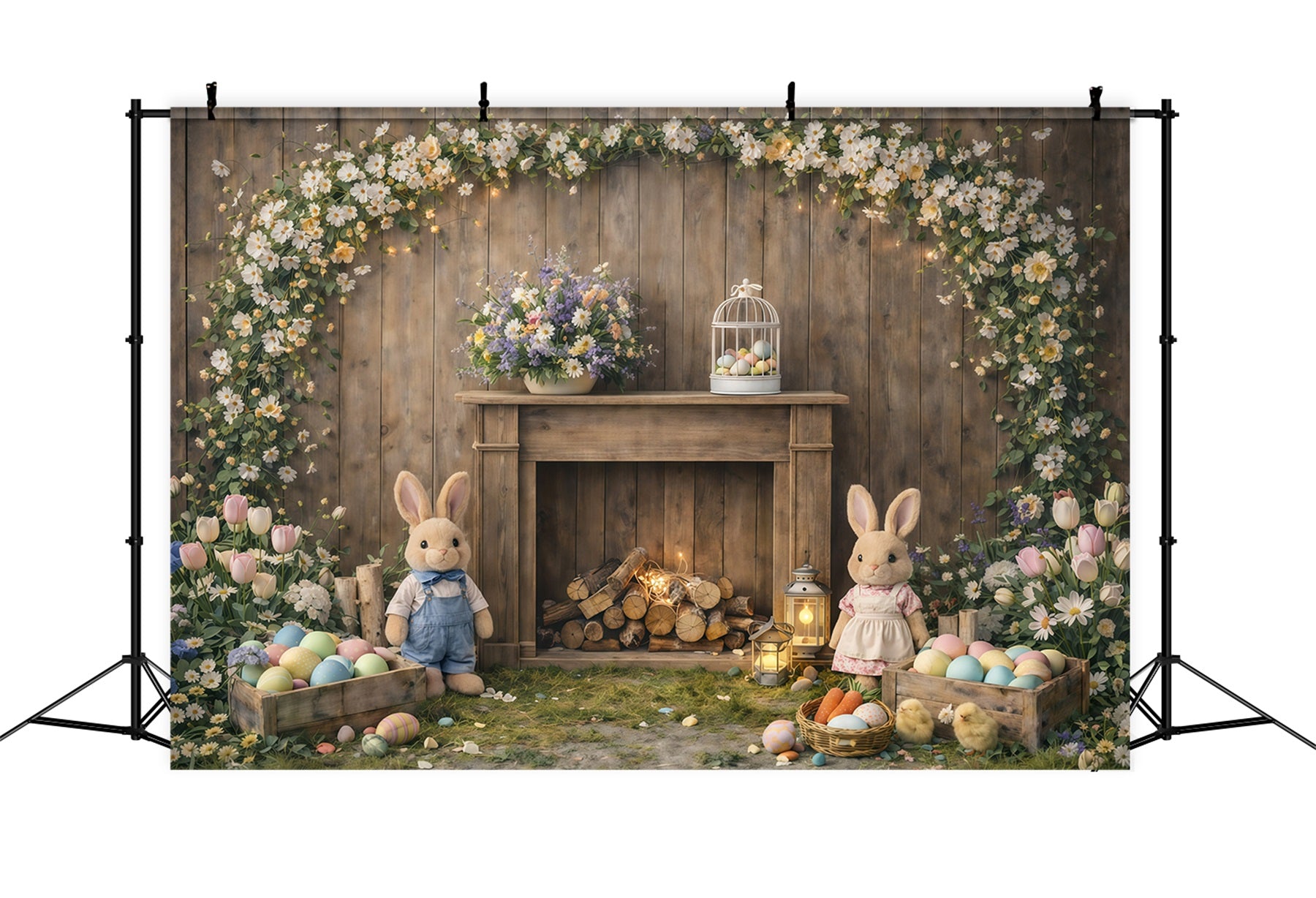 Peter Rabbit Backdrop Rustic Mantel Bunny Flowers Easter Backdrop For Photography GQ61-45
