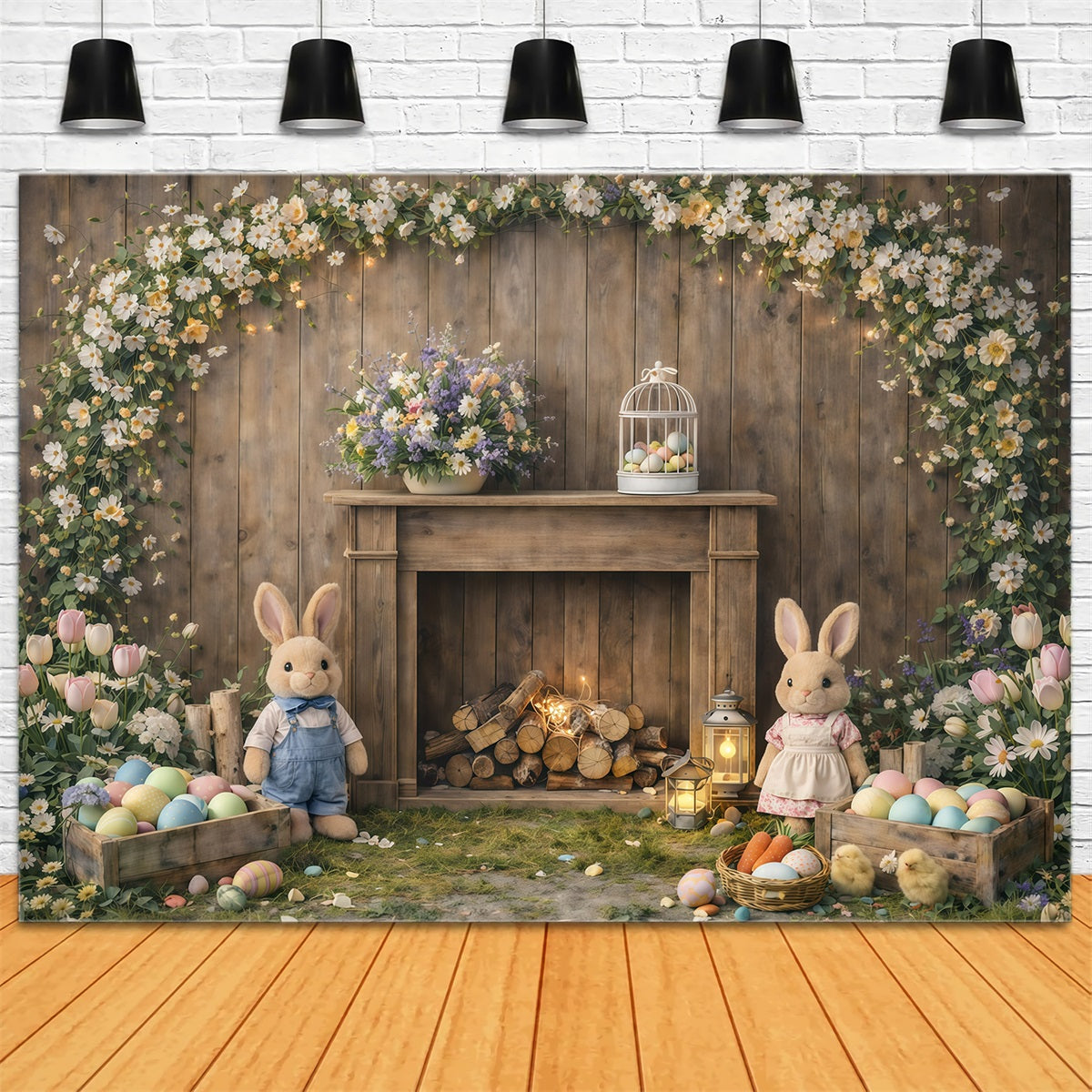 Peter Rabbit Backdrop Rustic Mantel Bunny Flowers Easter Backdrop For Photography GQ61-45