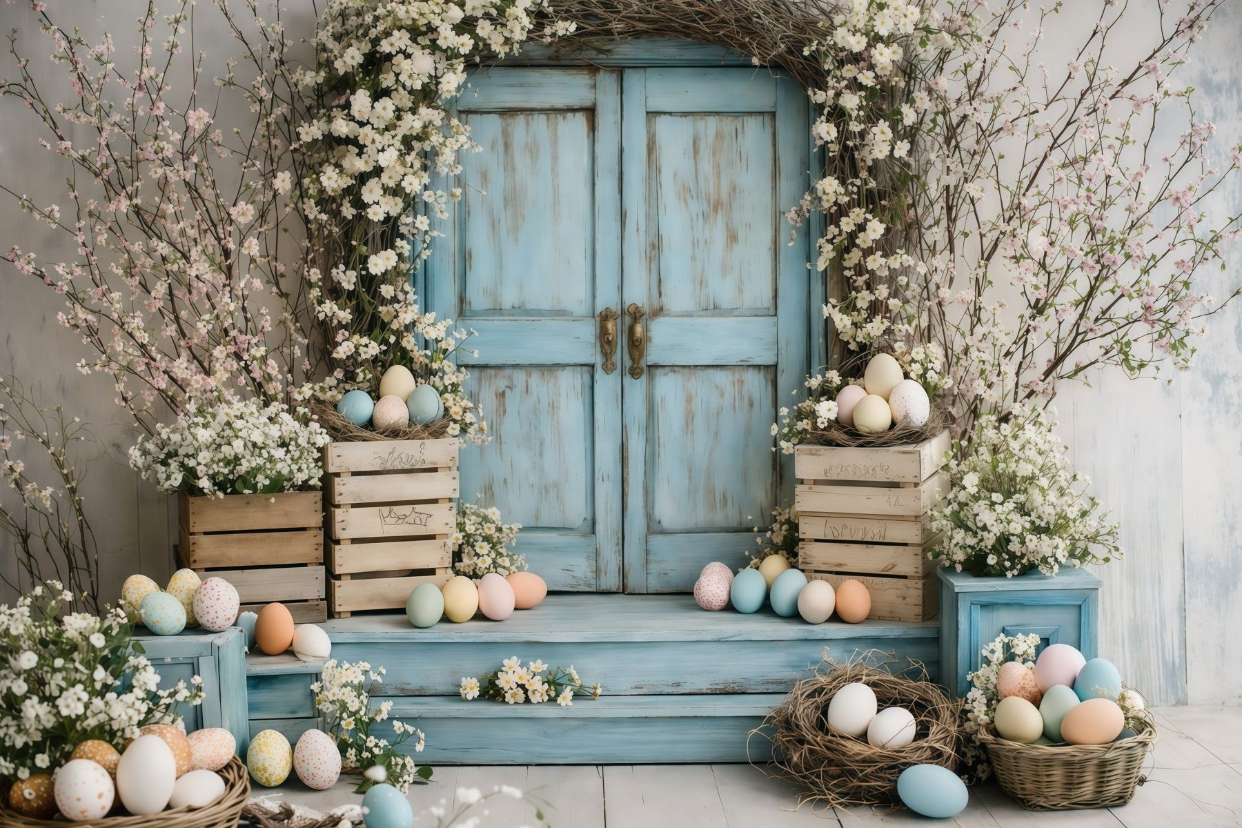 Easter Flower Backdrop Vintage Blue Door Blossoms Backdrops For Easter Pictures GQ61-46