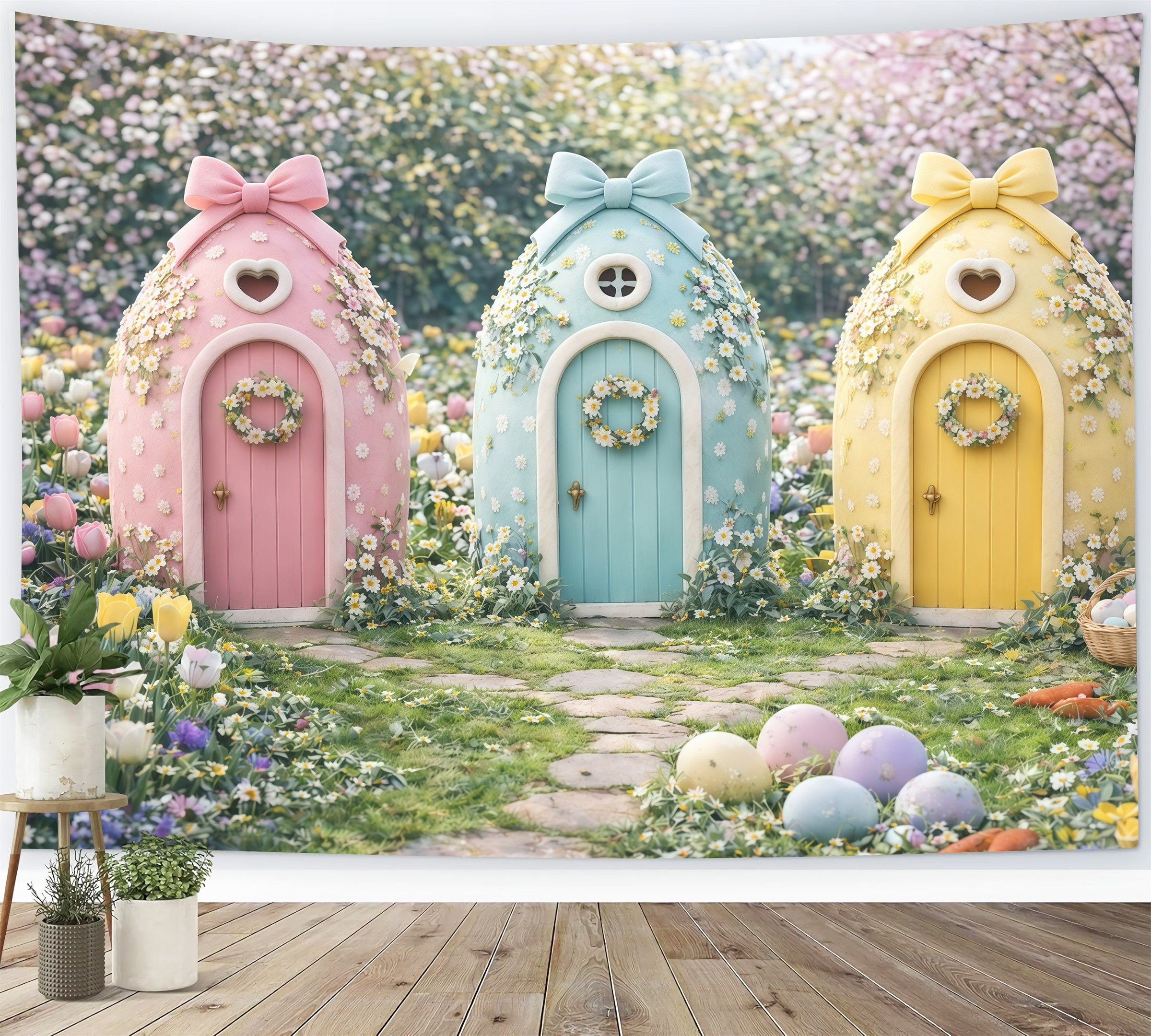 Easter Spring Backdrops Pastel Fairy Cottage Trio Outdoor Easter Backdrop GQ61-47