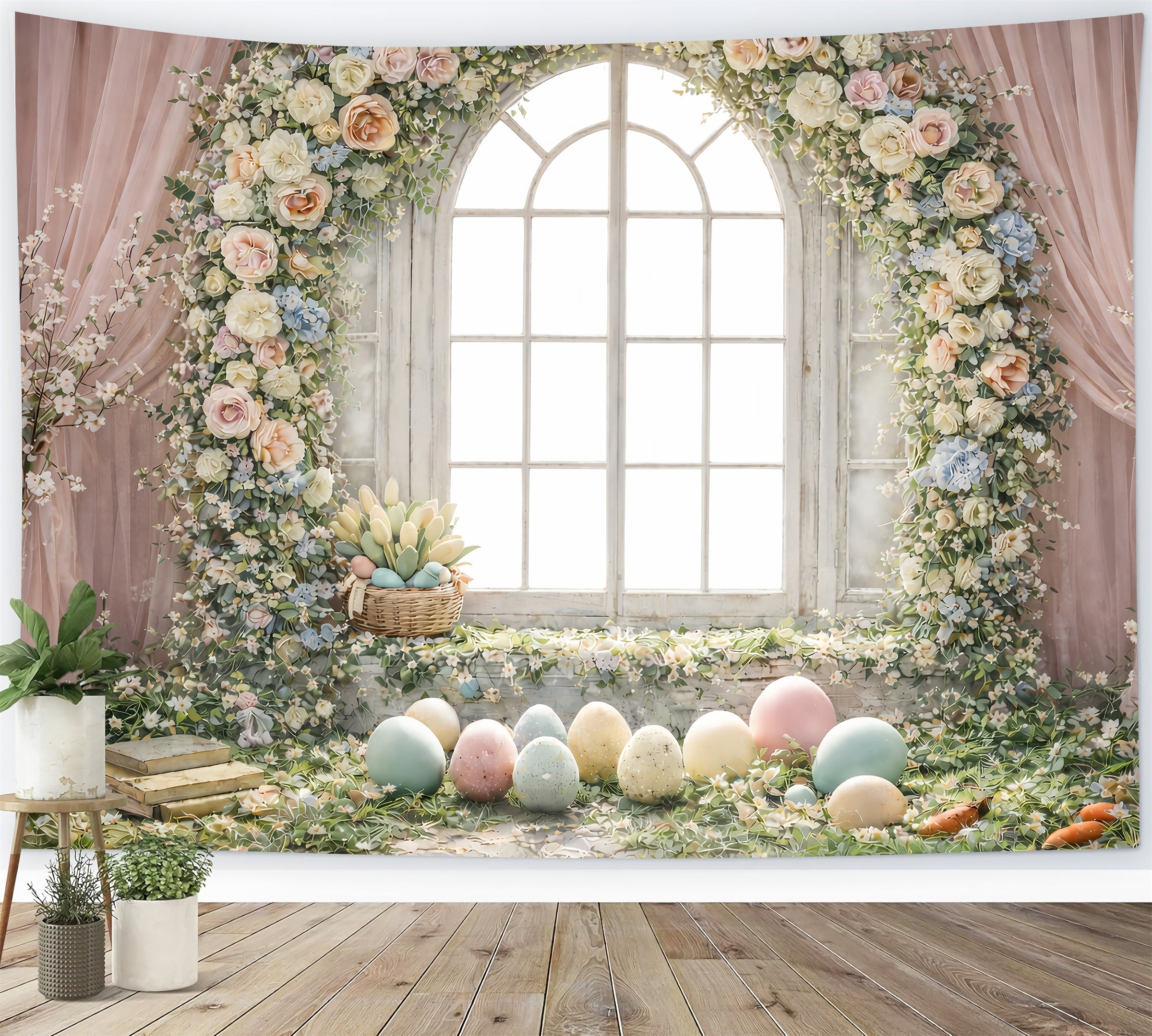 Easter Egg Photoshoot Backdrop Floral Arch Window Light Backdrop For Easter GQ61-49