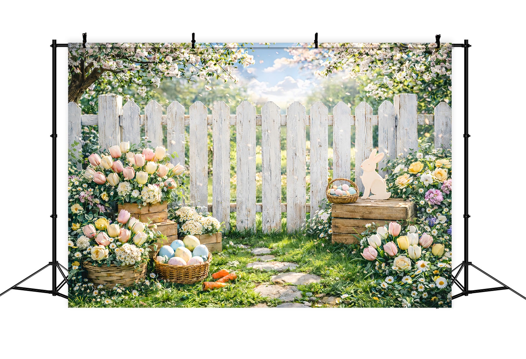Easter Spring Backdrop Garden Picket Fence Cherry Blossom Easter Backdrop Photo GQ61-50
