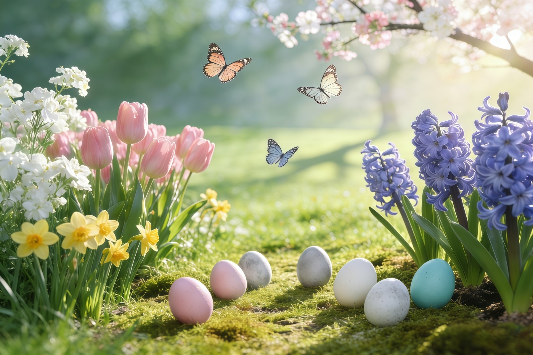 Easter Natural Backdrop Photography Spring Meadow Butterflies Eggs Easter Backdrops GQ61-53