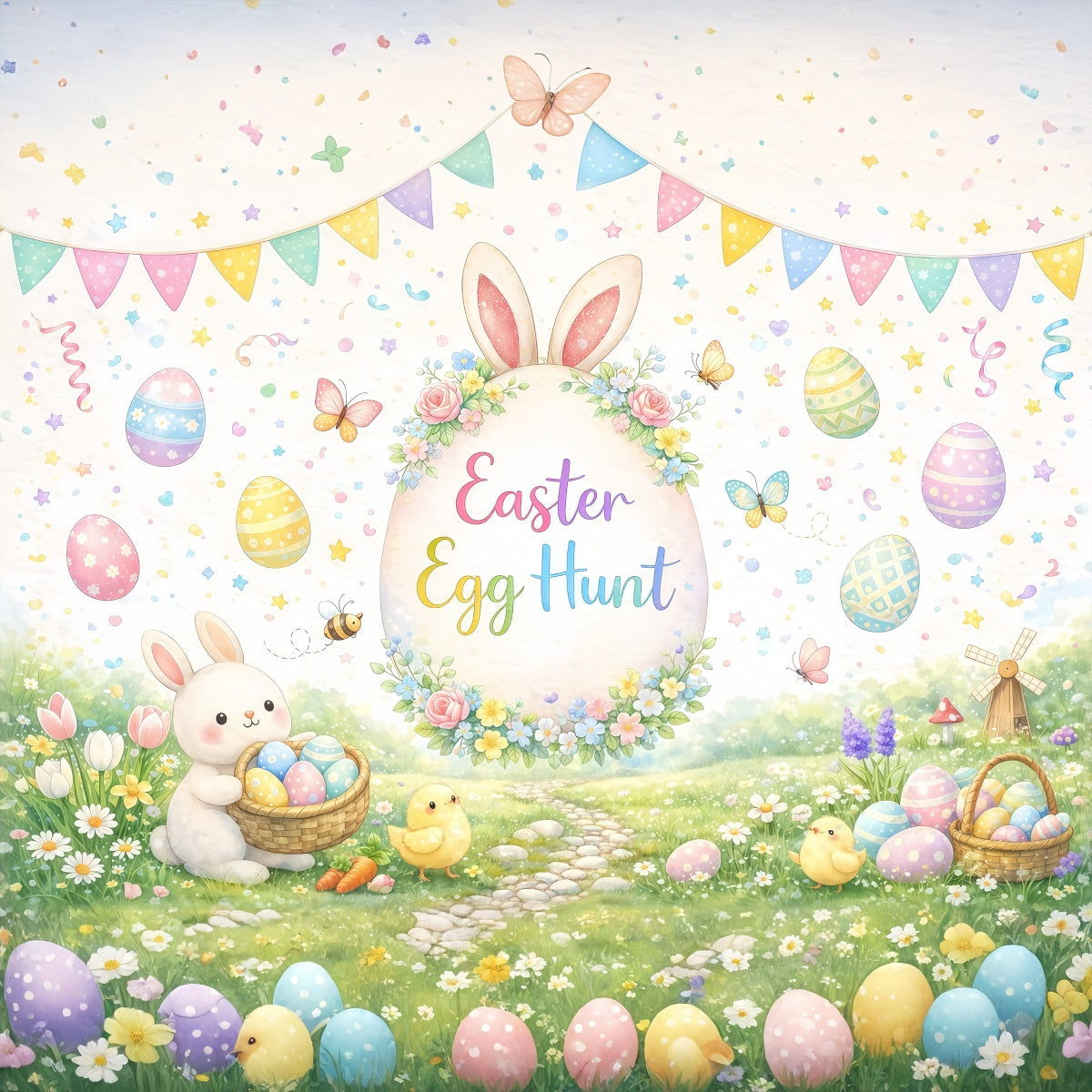 Easter Egg Hunt Backdrop Watercolor Garden Bunny Chicks Easter Themed Backdrops GQ61-54
