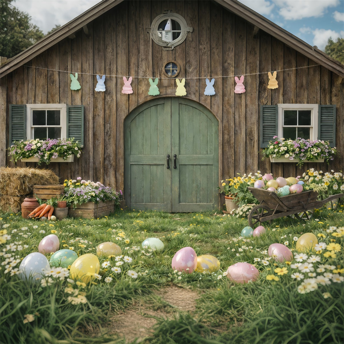 Easter Farm Barn Backdrop Carrot Bundle Daisies Egg Outdoor Easter Backdrop Ideas GQ61-62