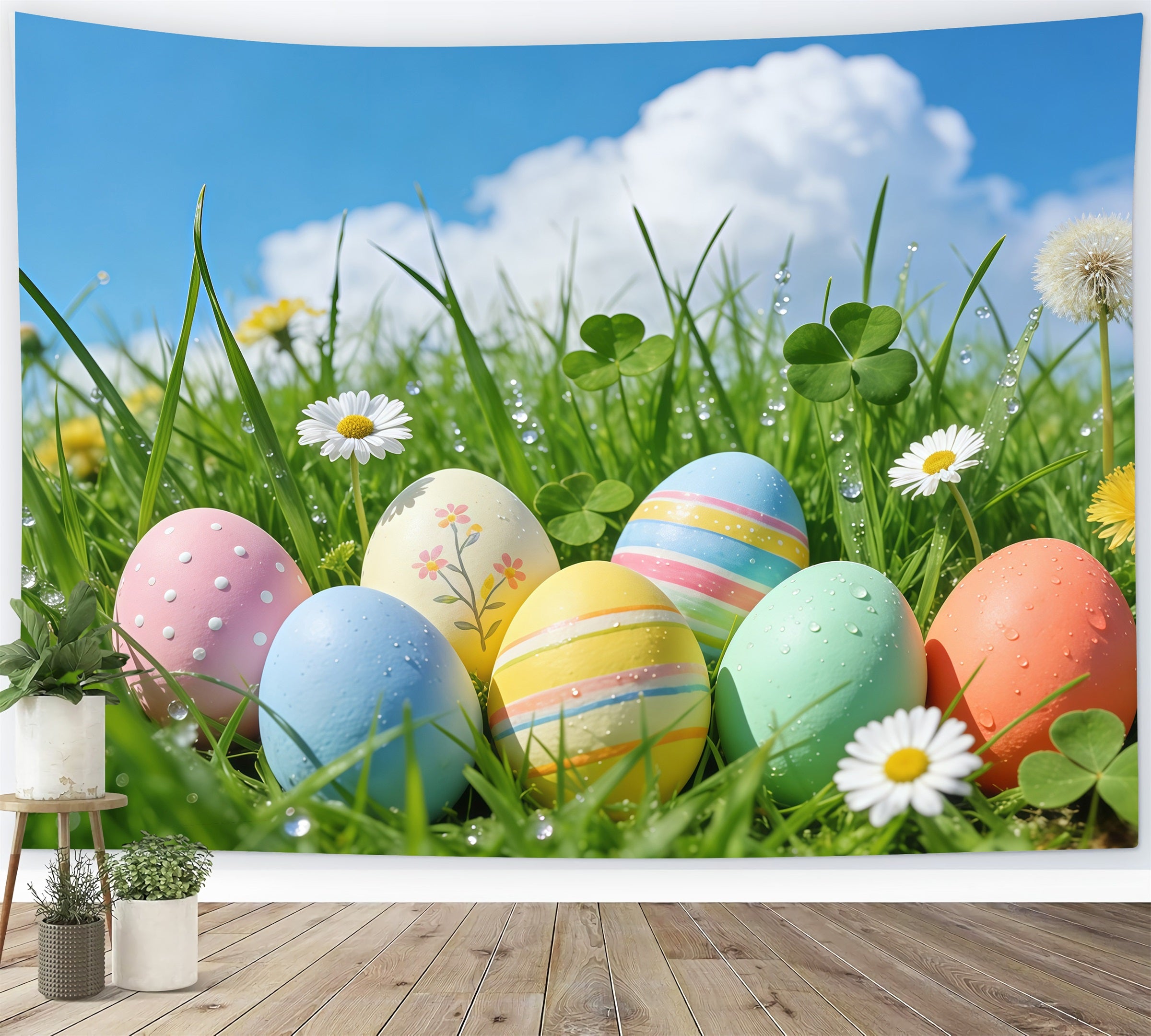 Easter Blue Sky Backdrop Spring Grass Pastel Eggs Photo Booth Easter Backdrop Ideas GQ61-65
