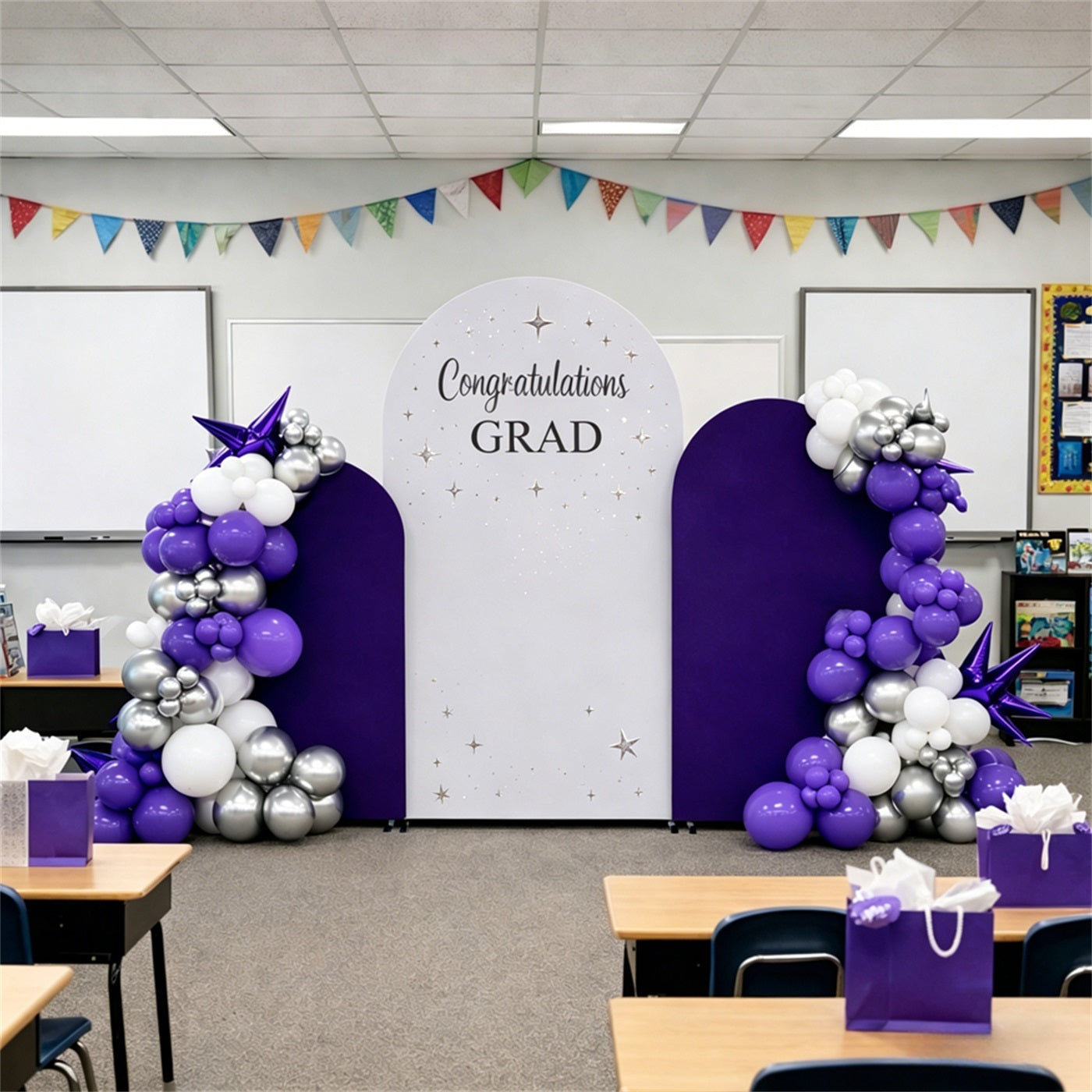 Reusable Graduation Backdrop White Purple Dual Arch Washable Graduation Backdrop GQ64-7