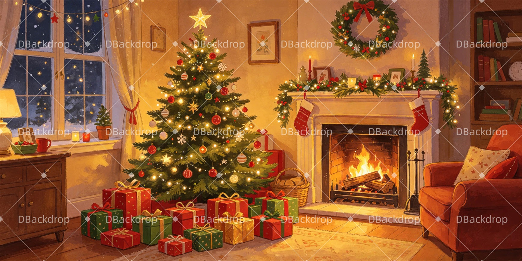 Christmas Stage Backdrops Living Room Holiday Gathering Theater Backdrop GQ66-T86