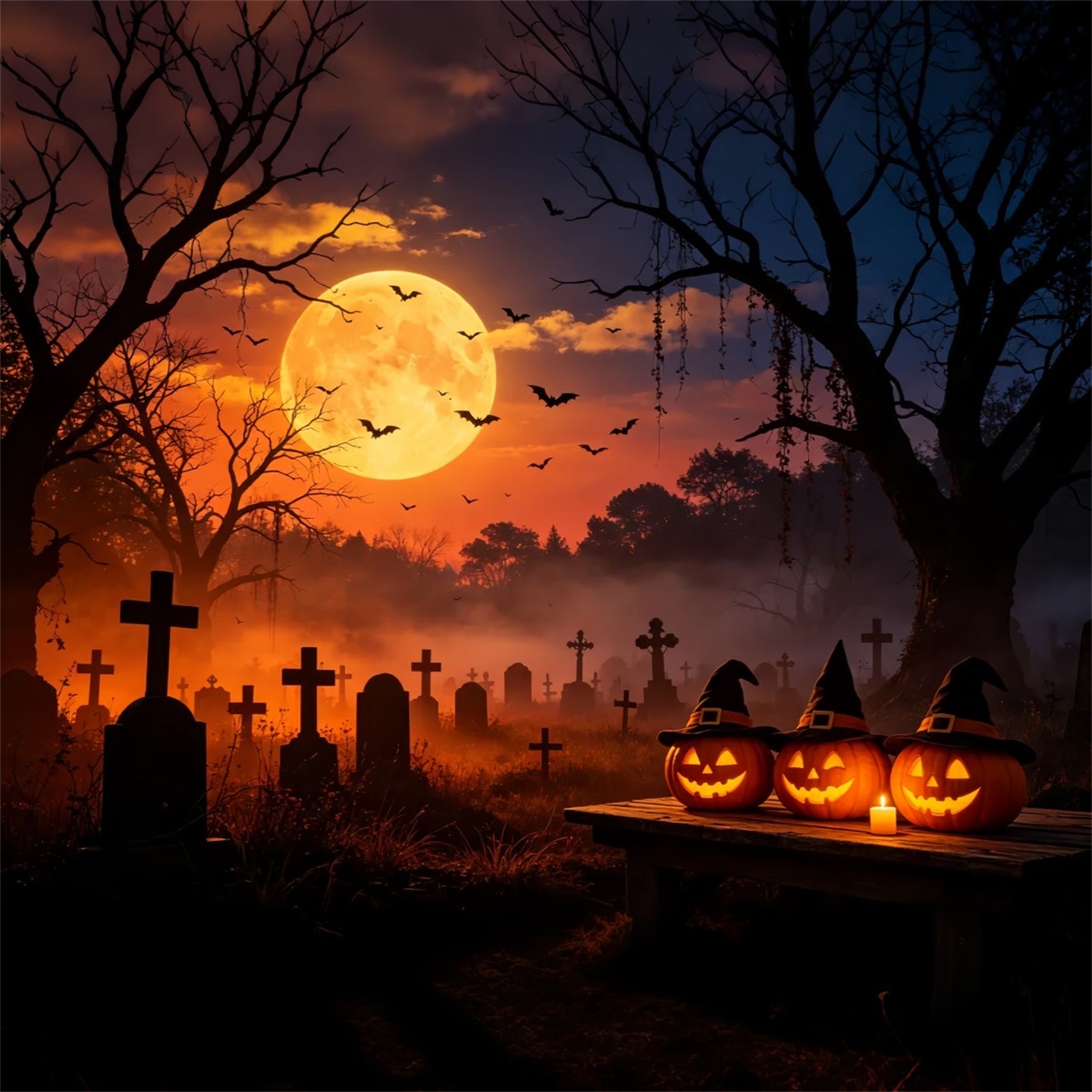 Bat Cave Backdrop Sunset Witch Pumpkin Graveyard Photo Backdrops Halloween GQ67-105