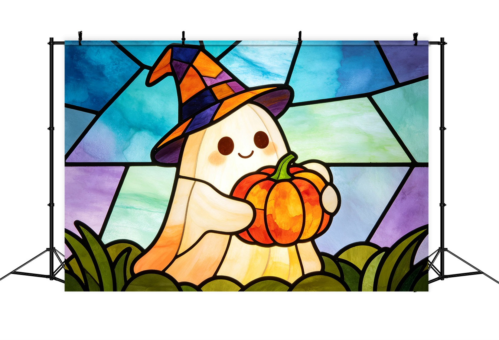 Stained Glass Backdrop Tapestry Ghost Cute Witch Ghost Pumpkin Halloween Selfie Backdrop GQ67-112