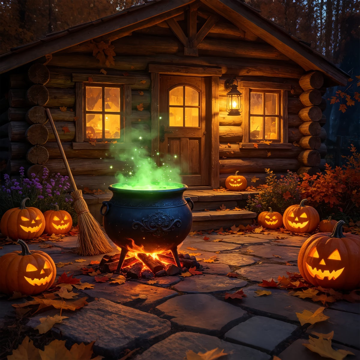 Witches Kitchen Backdrop Banner Glowing Cauldron Cabin Porch Best Halloween Backdrops GQ67-113