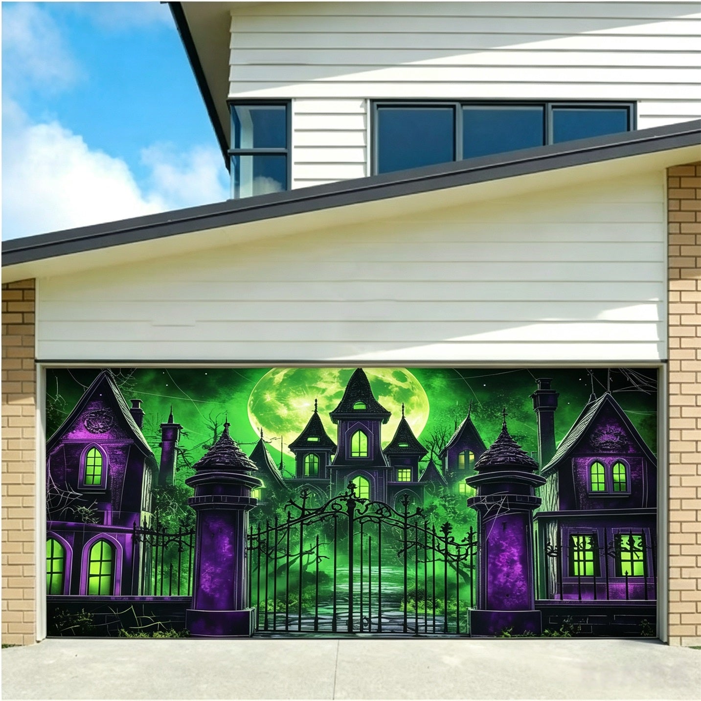 Halloween Green Moon Haunted Manor Backdrop Halloween Garage Door Decor GQ67-17