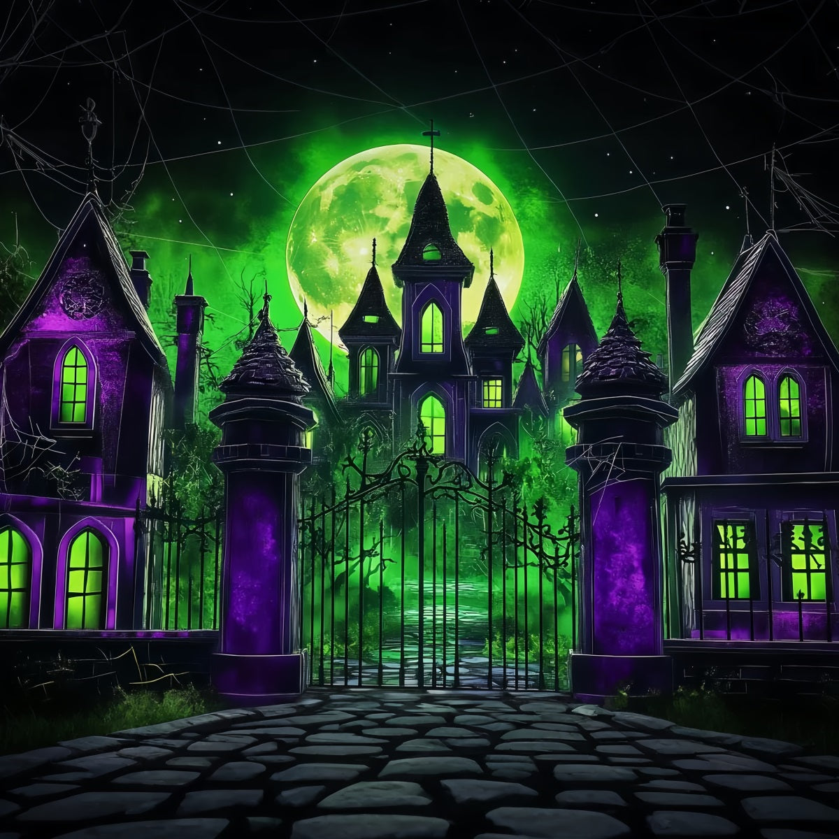 Halloween Green Moon Haunted Manor Backdrop Halloween Garage Door Decor GQ67-17