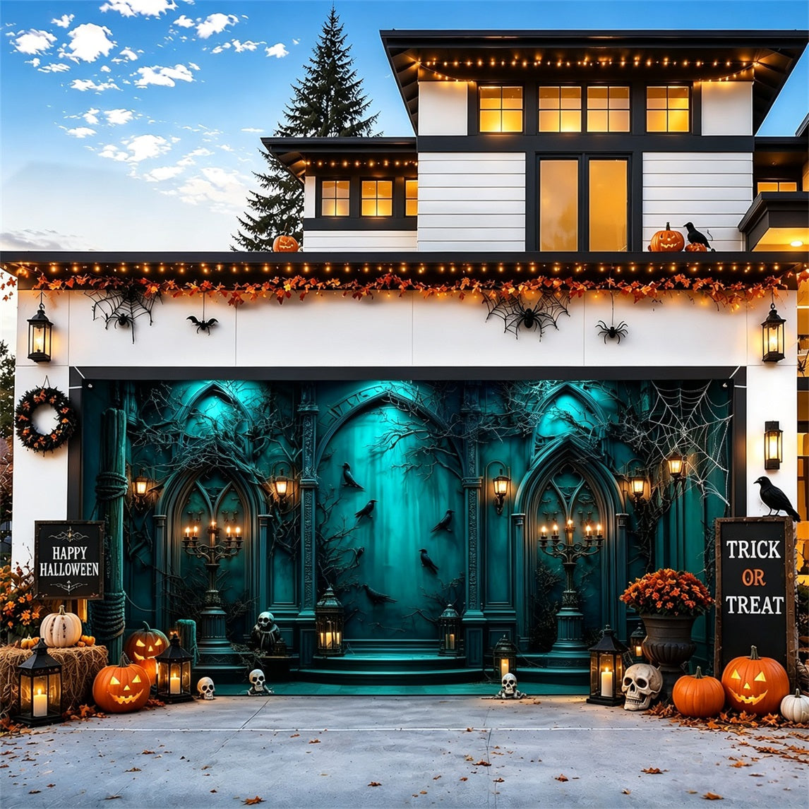 Halloween Backdrop Teal Raven Gothic Hall Halloween Garage Door Banner GQ67-18