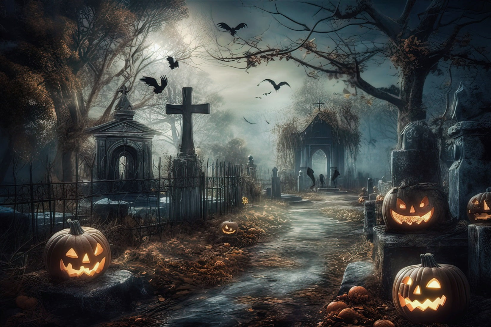 Halloween Foggy Pumpkin Graveyard Path Backdrop House Garage Decorations GQ67-21