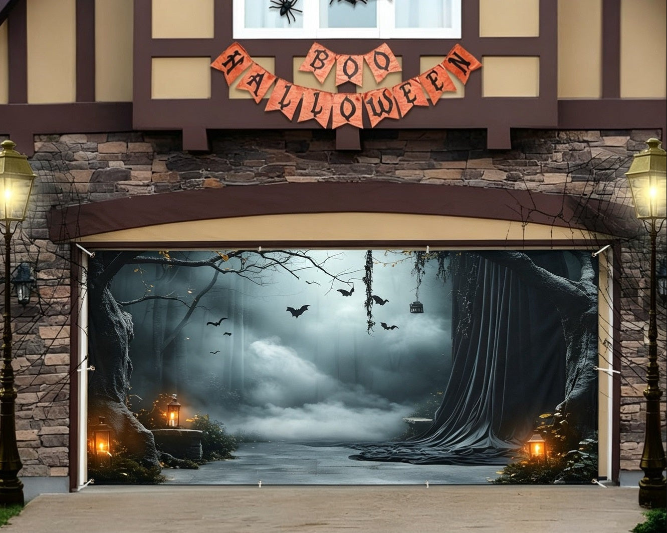 Halloween Backdrop Foggy Lantern Draped Forest Halloween Garage Door Decor GQ67-24-2 car