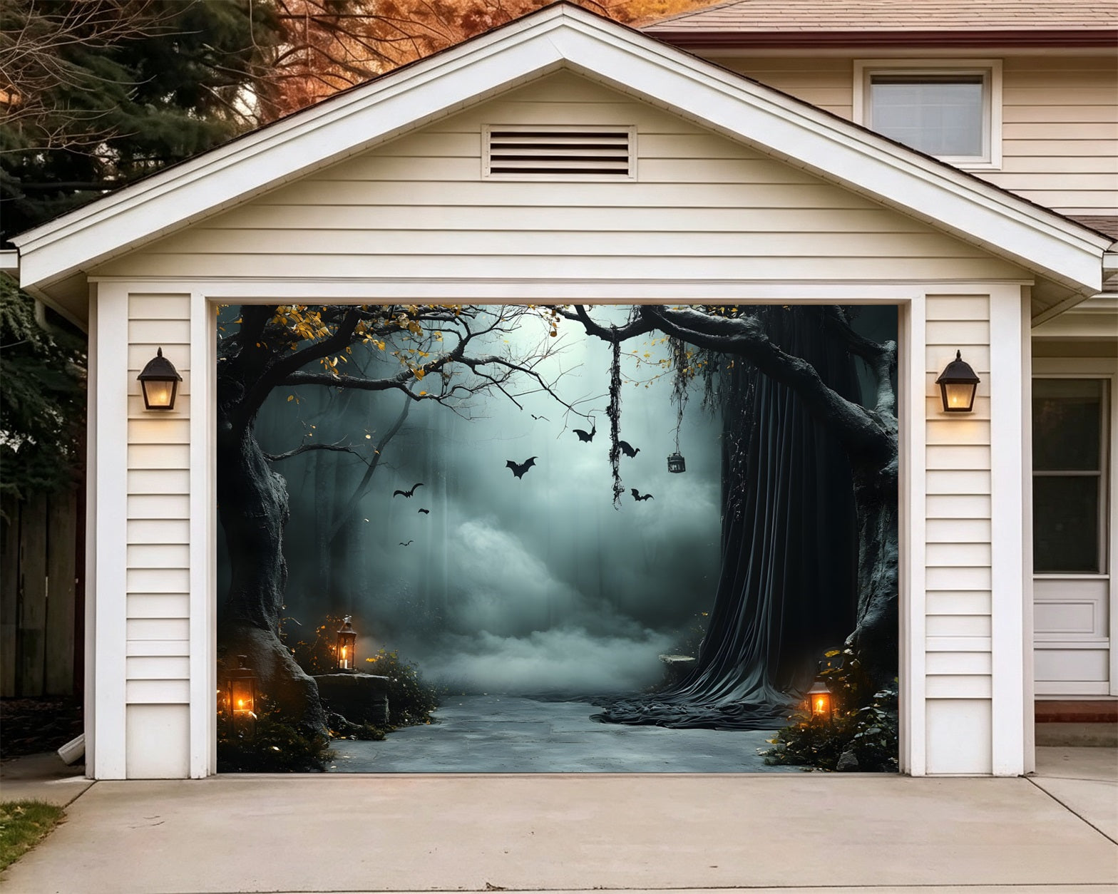 Halloween Backdrop Foggy Lantern Draped Forest Halloween Garage Door Decor GQ67-24-1 car
