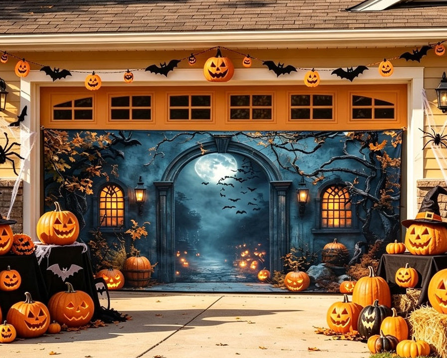 Spooky Halloween Moonlit Haunted Gate Garage Door Backdrop GQ67-30-2 car
