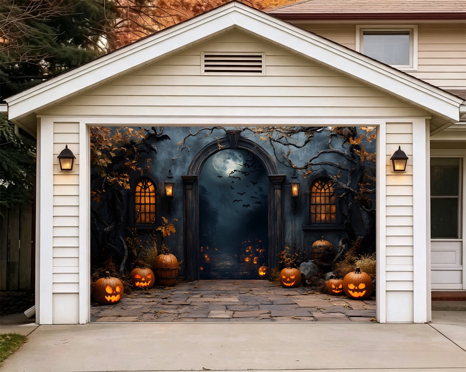 Spooky Halloween Moonlit Haunted Gate Garage Door Backdrop GQ67-30-1 car