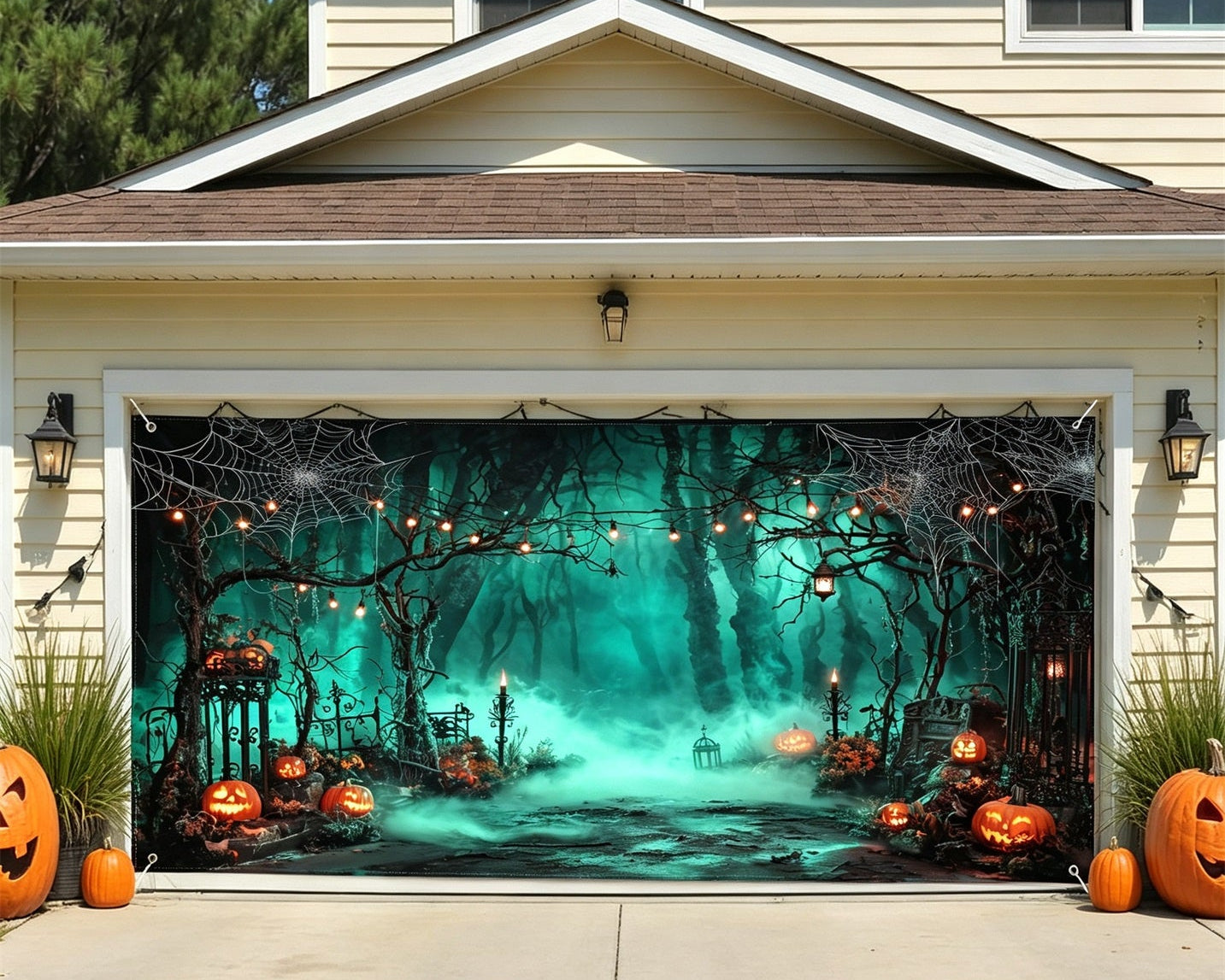 Halloween Pumpkin Backdrop Mystic Green Forest Garage Door Decor GQ67-32-2 car