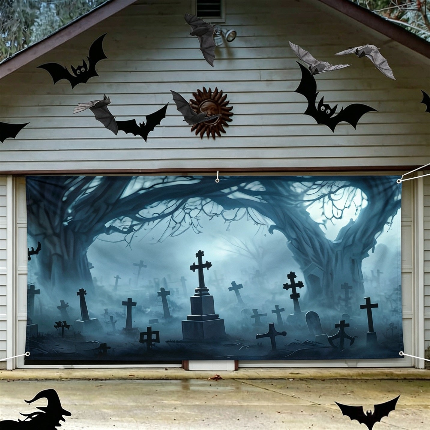 Scary Halloween Foggy Cross Tombstones Garage Door Backdrop GQ67-33